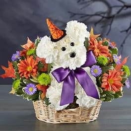 White teddy bear in a wicker basket surrounded by orange and purple flowers