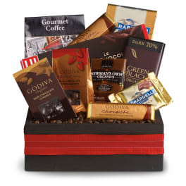 Gift basket with assorted gourmet chocolate bars and coffee in a black box with red ribbon