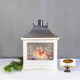 White lantern with cardinal artwork and a small greenery sprig beside it
