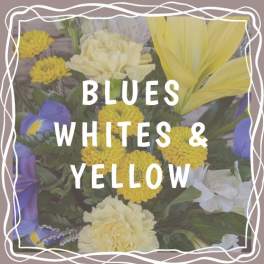 Bouquet of blue, white, and yellow flowers with decorative border