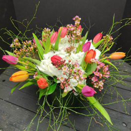 Mixed tulip bouquet with white hydrangeas and pink waxflowers