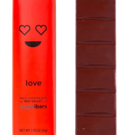 Red chocolate bar wrapper beside a segmented chocolate bar