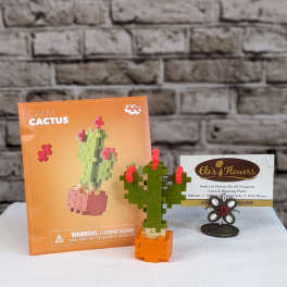 Mini block cactus figurine beside its orange packaging and a flower shop card