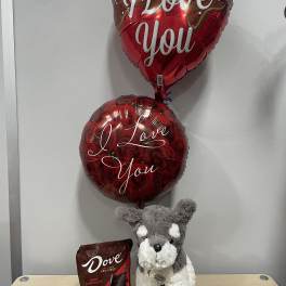 Two heart-shaped love balloons with a plush dog and chocolate candy bag
