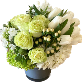 White and pale green bouquet in a dark vase