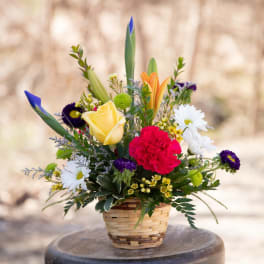 Mixed flower arrangement in a woven basket with daisies and roses