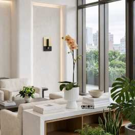 Potted orchid arrangement in a white ribbed planter in a modern room