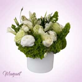 White and green floral arrangement in a white cylindrical vase