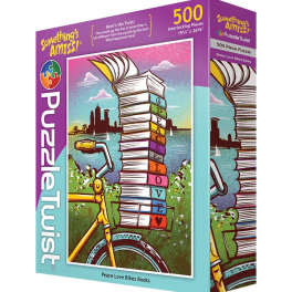 Box for a 500-piece puzzle with a bicycle and stacked books illustration