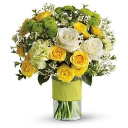 Round arrangement of yellow and white roses with green button mums in a clear cylinder vase wrapped with lime fabric.