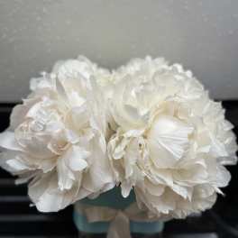 White peony bouquet in a small blue box with a ribbon