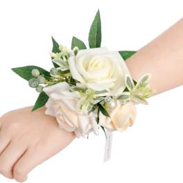 White rose wrist corsage with small accent flowers