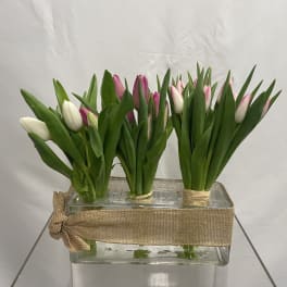Pink and white tulips arranged in a clear glass vase with burlap ribbon