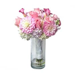 Pink mixed bouquet in a clear glass vase