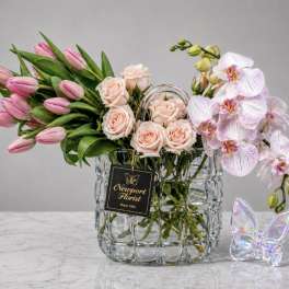 Tulip & Orchids Harmony in Crystal Basket NF-Y44