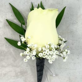 White rose boutonniere with baby's breath and dark green leaves