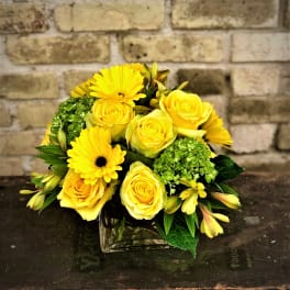 Yellow roses and gerbera daisies in a square glass vase