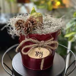 Red tin container with pinecones and a "Joy" tag