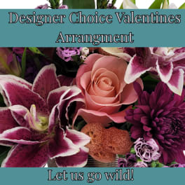 Mixed bouquet with pink rose, purple lilies, and a purple chrysanthemum