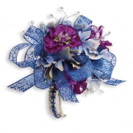 Blue and purple corsage with ribbon and jeweled accents