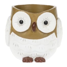Three owl-shaped ceramic planters in green, gold, and mint