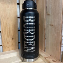 Black insulated bottle with silver "BURDEW" lettering