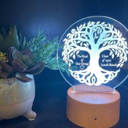 Succulent arrangement in a small ceramic pot beside an engraved LED acrylic plaque