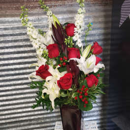 Red and White Square Tall vase arrangement