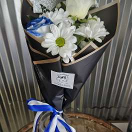 Hand Tied Grad Bouquet In Blue and white