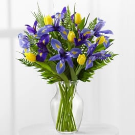 Blue and yellow iris bouquet in a clear glass vase