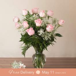 Pink roses in a glass vase with baby's breath