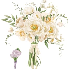Watercolor bouquet of cream flowers with a small lavender boutonniere