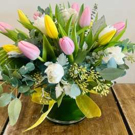 Pink, yellow, and white tulips arranged in a green vase