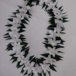 White orchid lei with dark green leaves on a light surface