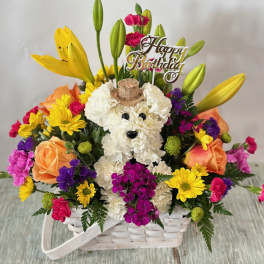 Flower basket with a teddy bear and Happy Birthday sign