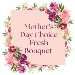 Mother's Day bouquet graphic with pink and purple flowers around a text panel
