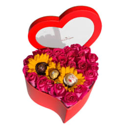 24 RED ROSES, 3 SUNFLOWERS AND CHOCOLATE