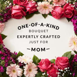 Pink roses and pale daisies arranged around a Mother's Day message