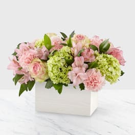 Pink flowers and green hydrangeas arranged in a white box
