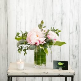 Pink and white flowers arranged in a glass vase with greenery