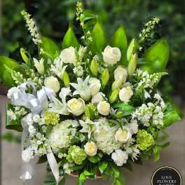 Large white and green sympathy basket with roses, lilies, hydrangeas, and a white ribbon bow.