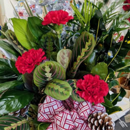 Holiday arrangement with red carnations, patterned leaves, and a ribbon in a bowl vase