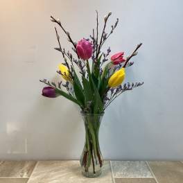 Colorful tulips in a clear glass vase with pussy willow branches