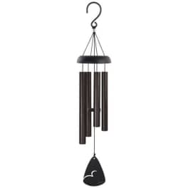 Black metal wind chime with hanging tubes and a clapper
