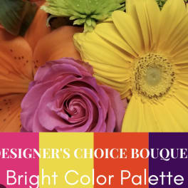 Bright mixed bouquet with a yellow gerbera, pink rose, and orange lily