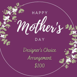 Mother's Day graphic with floral wreath and designer's choice arrangement text