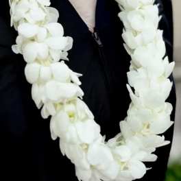 White flower lei draped over a black garment