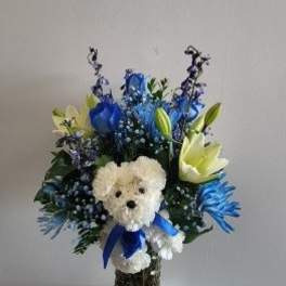 Blue and White vase arrangement with Puppy