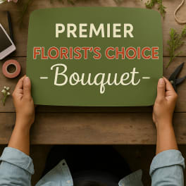 Hands holding a sign that reads Premier Florist's Choice Bouquet