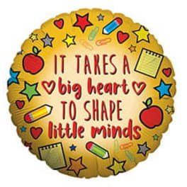 Round gold balloon with school-themed icons and text